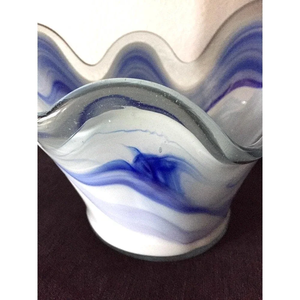 Vtg Handmade Blown Glass Blue/Milky White Swirl Candy Trinket Dish Decorative